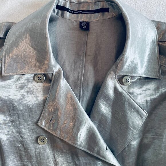 Isda & Co silver linen trench coat Womens Extra Small vintage metallic statement - Picture 2 of 11